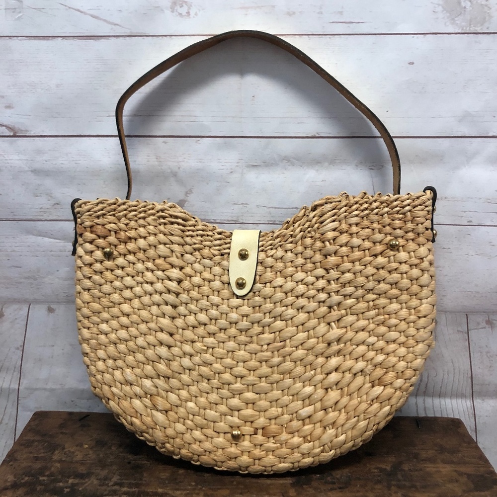 Vintage Straw and Leather Handbag Tote - Picture 5 of 10
